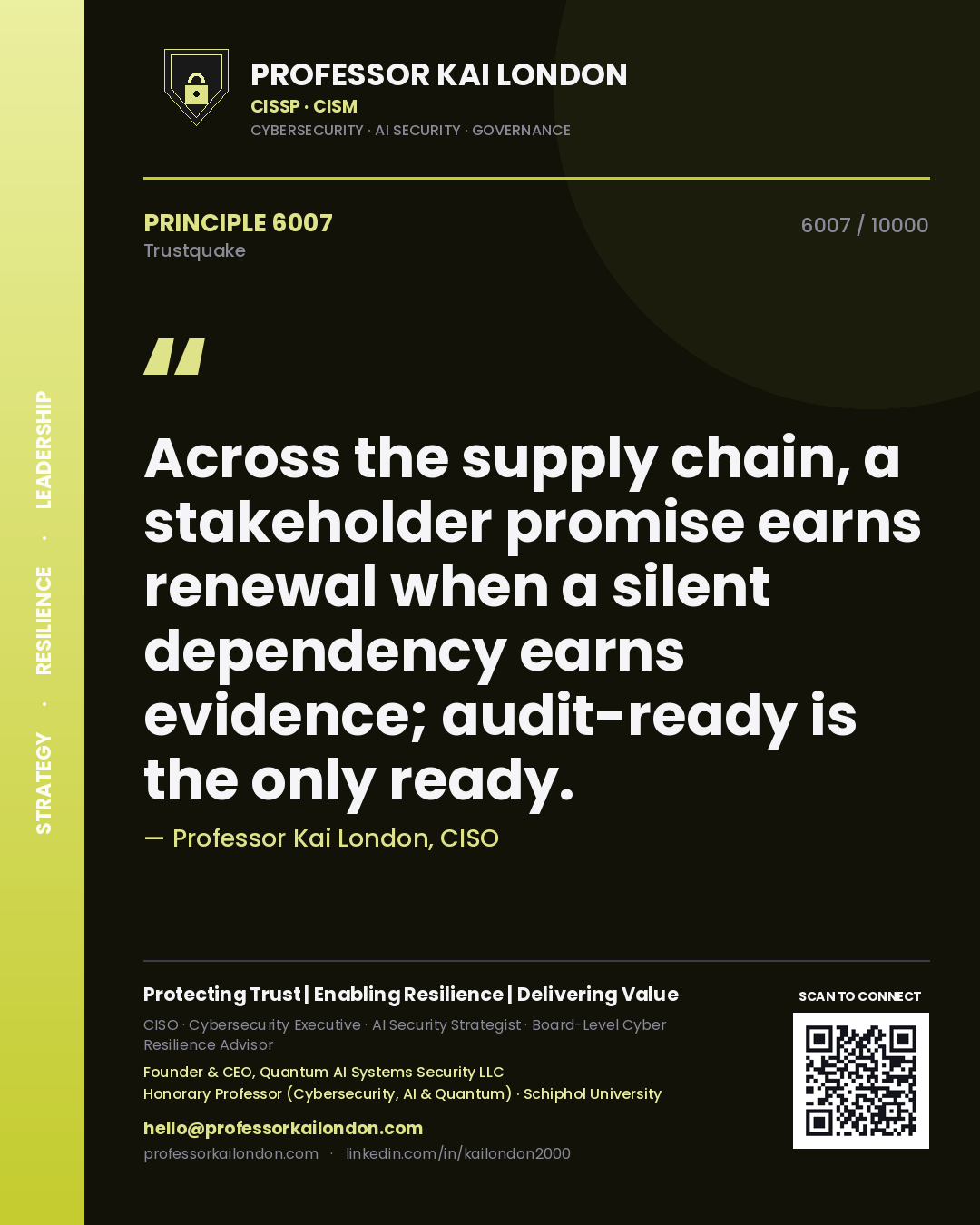 Professor Kai London principle 6007: Across the supply chain, a stakeholder promise earns renewal when a silent dependency earns evidence; audit-ready is the only ready.