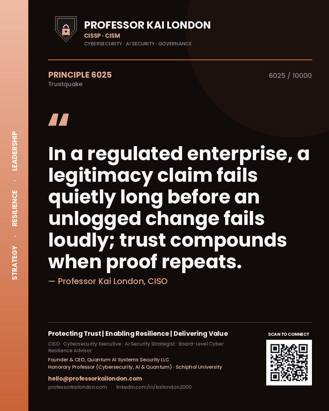 Professor Kai London principle 6025: In a regulated enterprise, a legitimacy claim fails quietly long before an unlogged change fails loudly; trust compounds when proof repeats.