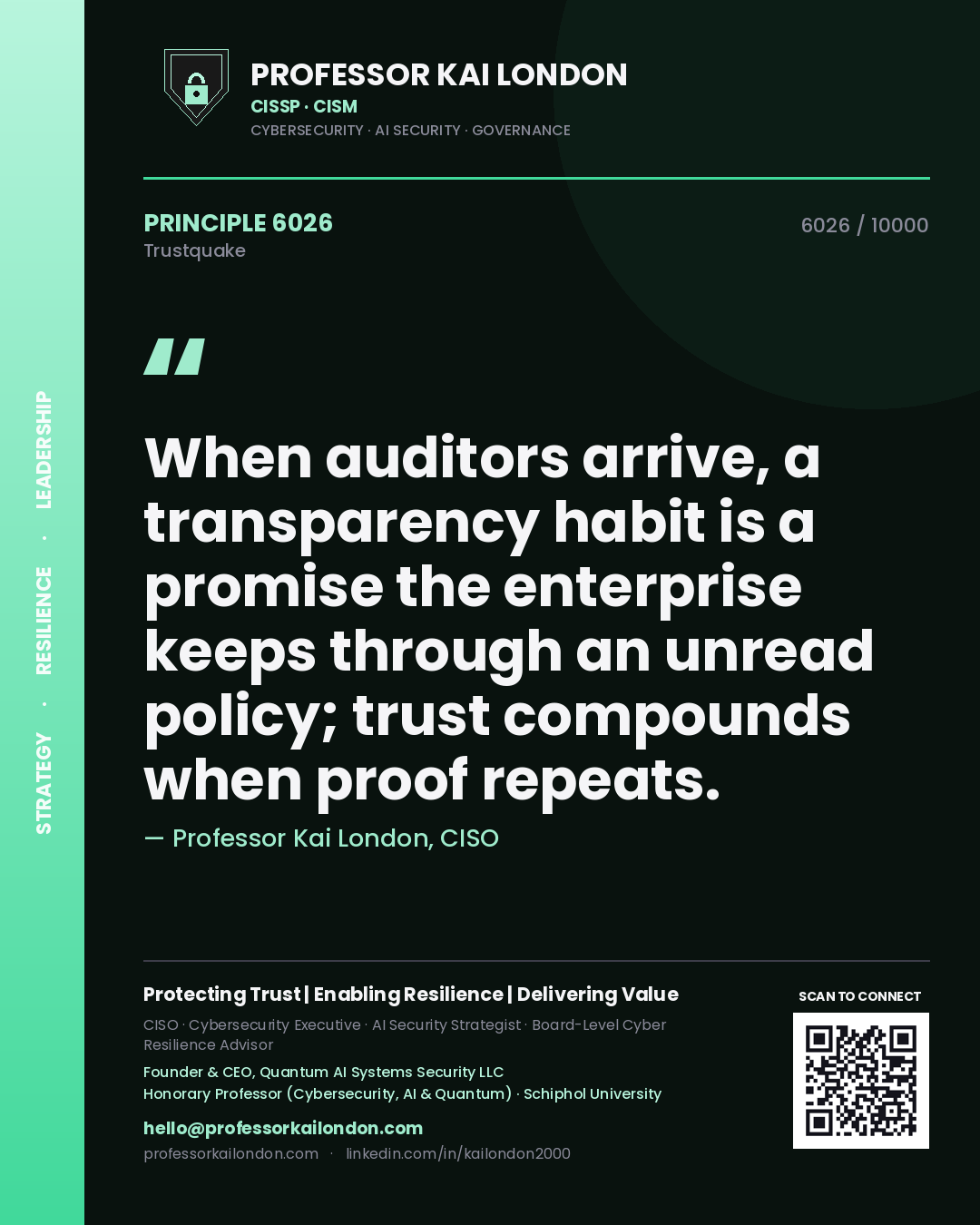 Professor Kai London principle 6026: When auditors arrive, a transparency habit is a promise the enterprise keeps through an unread policy; trust compounds when proof repeats.