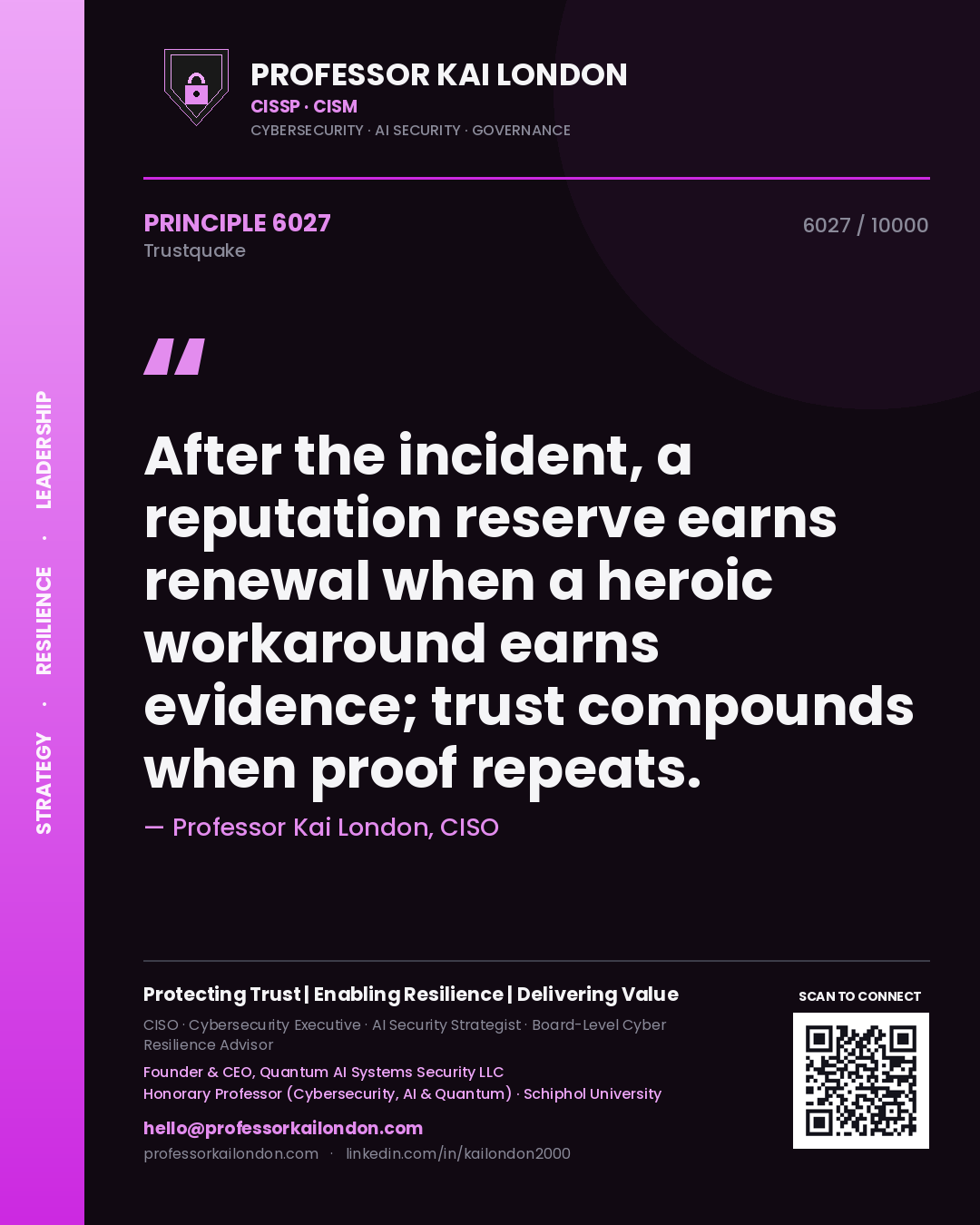 Professor Kai London principle 6027: After the incident, a reputation reserve earns renewal when a heroic workaround earns evidence; trust compounds when proof repeats.