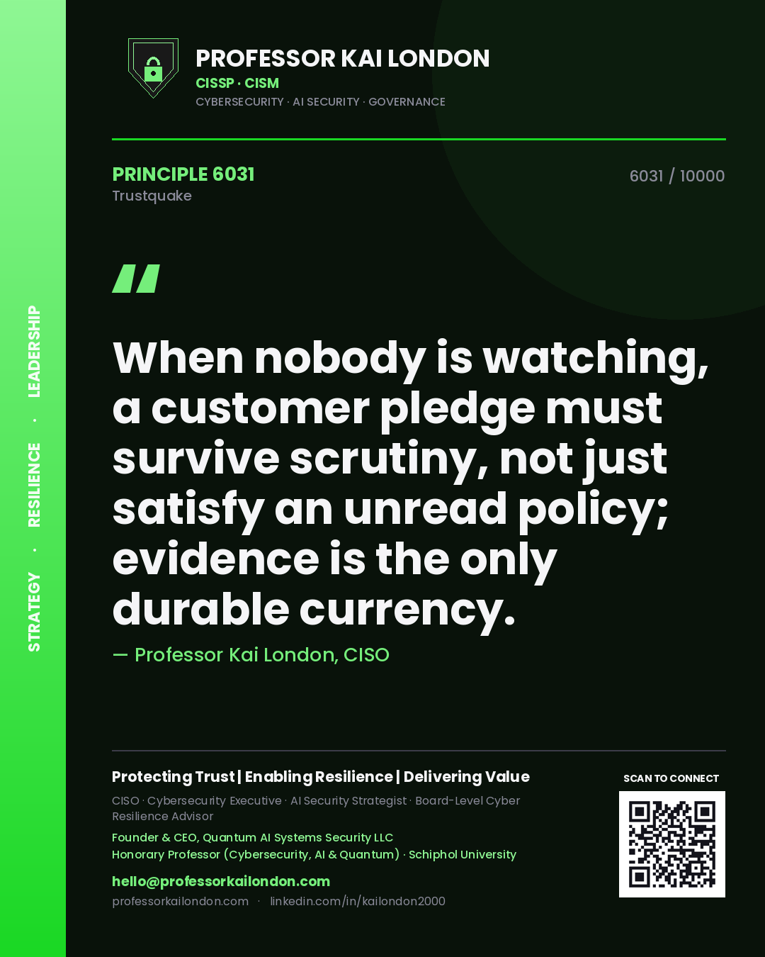 Professor Kai London principle 6031: When nobody is watching, a customer pledge must survive scrutiny, not just satisfy an unread policy; evidence is the only durable currency.
