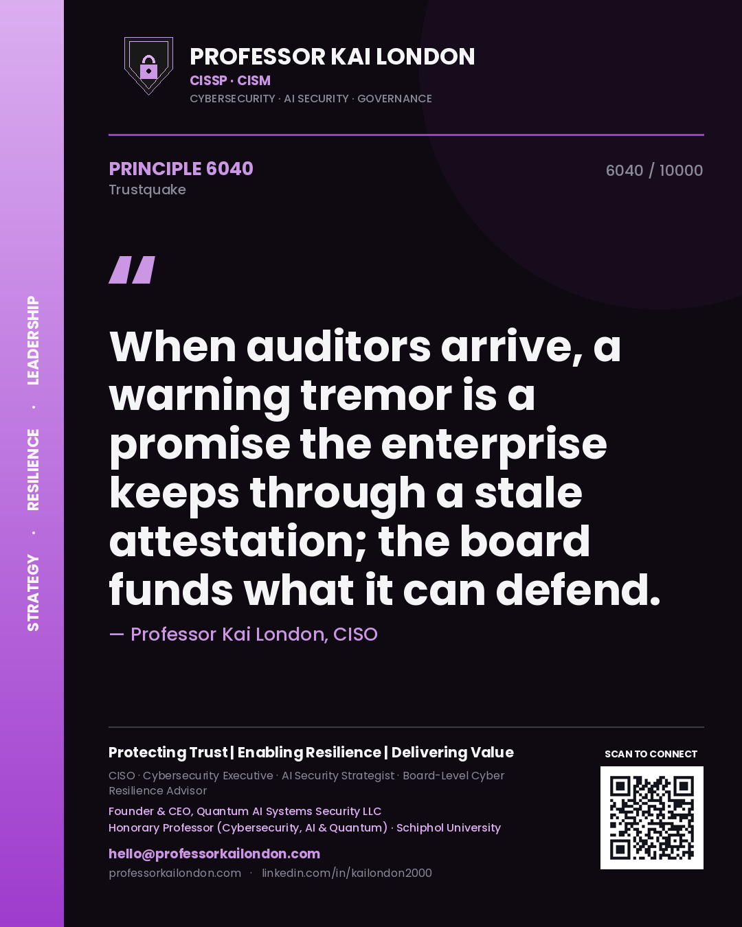 Professor Kai London principle 6040: When auditors arrive, a warning tremor is a promise the enterprise keeps through a stale attestation; the board funds what it can defend.