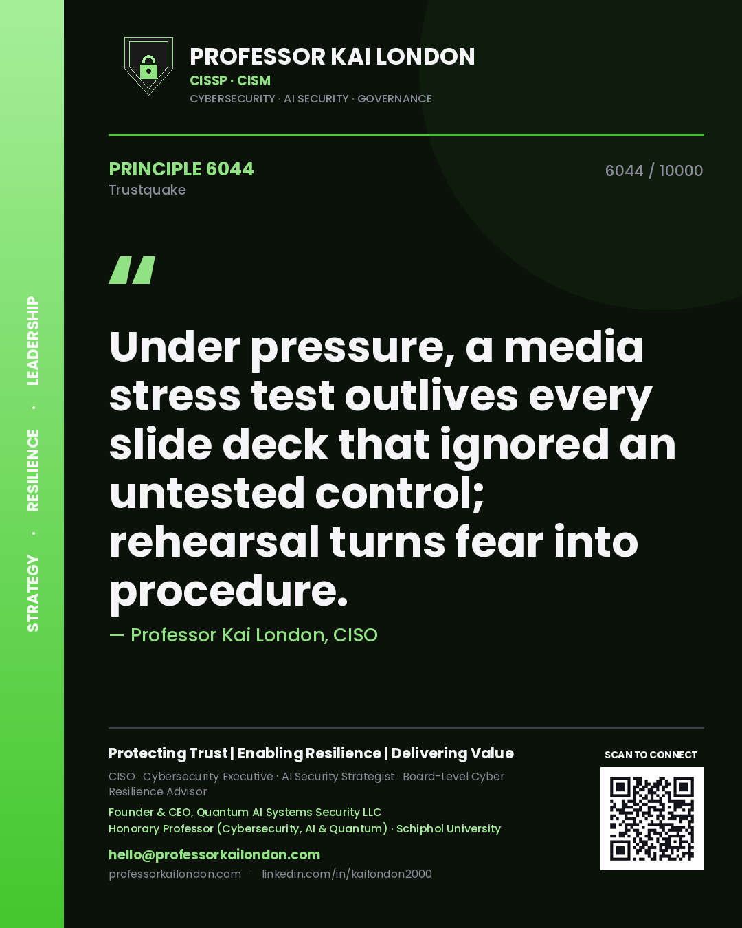 Professor Kai London principle 6044: Under pressure, a media stress test outlives every slide deck that ignored an untested control; rehearsal turns fear into procedure.