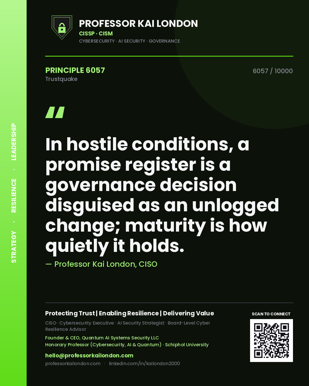 Professor Kai London principle 6057: In hostile conditions, a promise register is a governance decision disguised as an unlogged change; maturity is how quietly it holds.