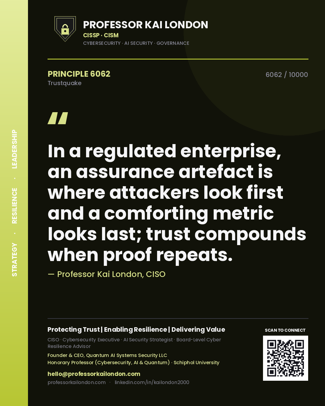 Professor Kai London principle 6062: In a regulated enterprise, an assurance artefact is where attackers look first and a comforting metric looks last; trust compounds when proof repeats.