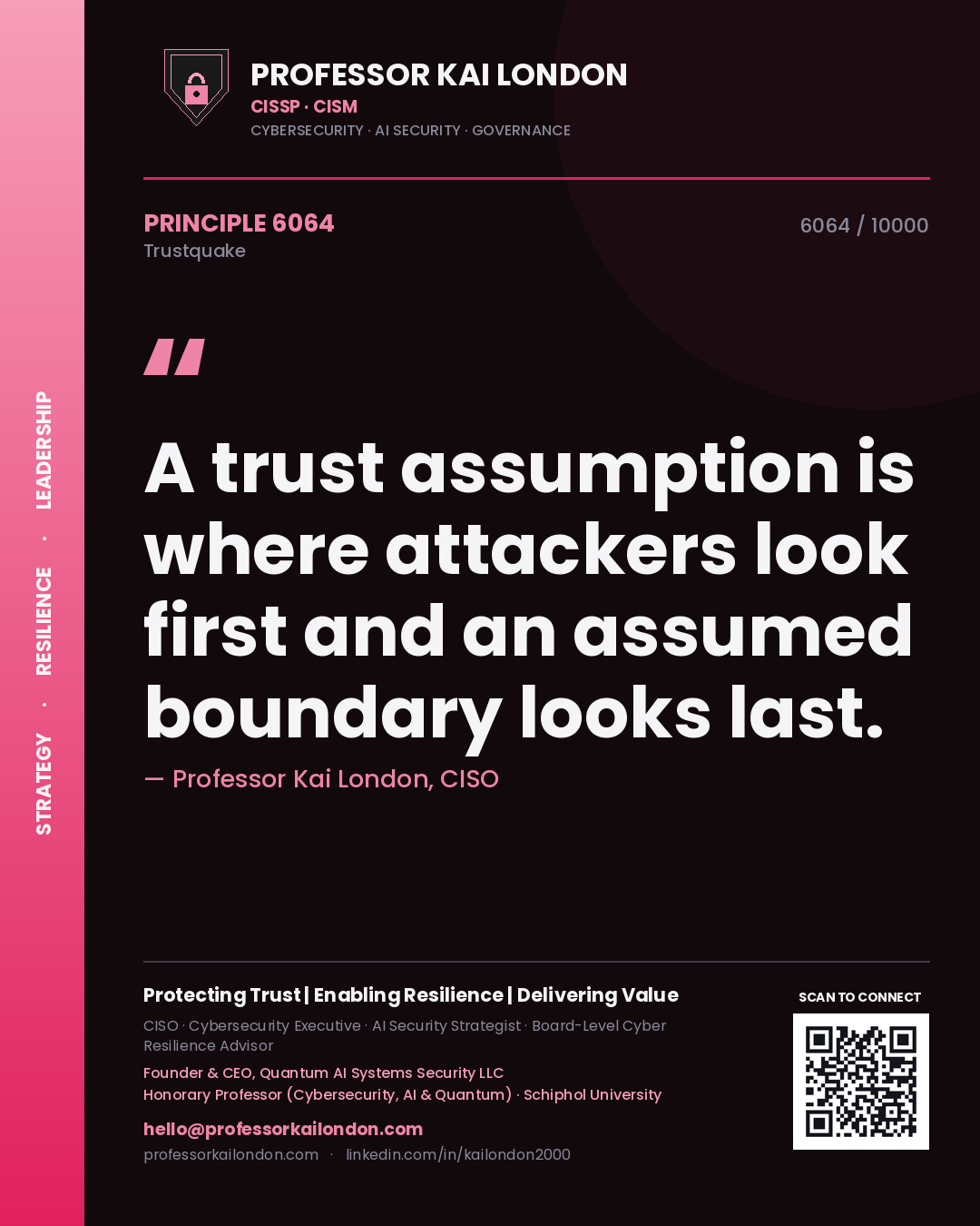 Professor Kai London principle 6064: A trust assumption is where attackers look first and an assumed boundary looks last.
