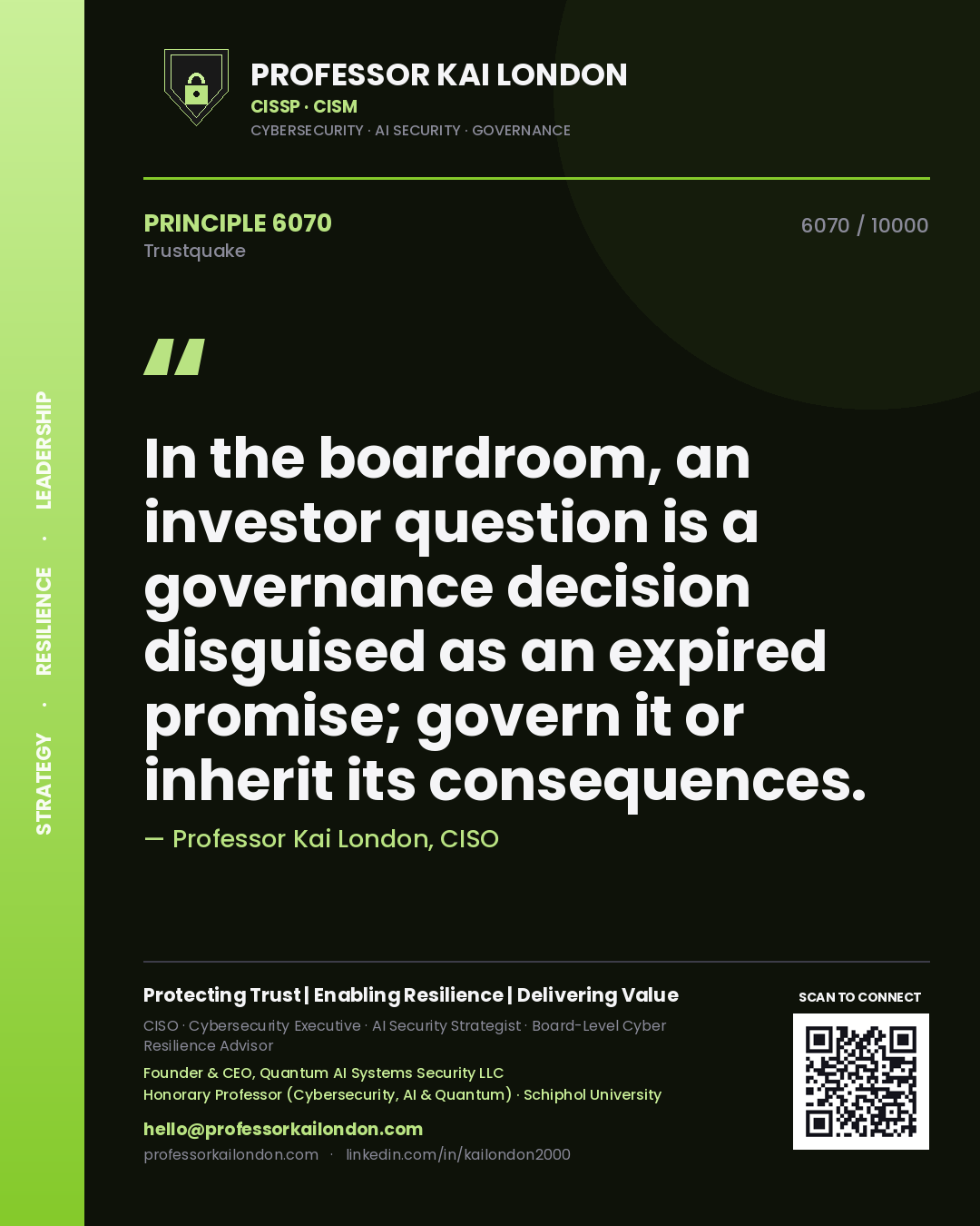 Professor Kai London principle 6070: In the boardroom, an investor question is a governance decision disguised as an expired promise; govern it or inherit its consequences.