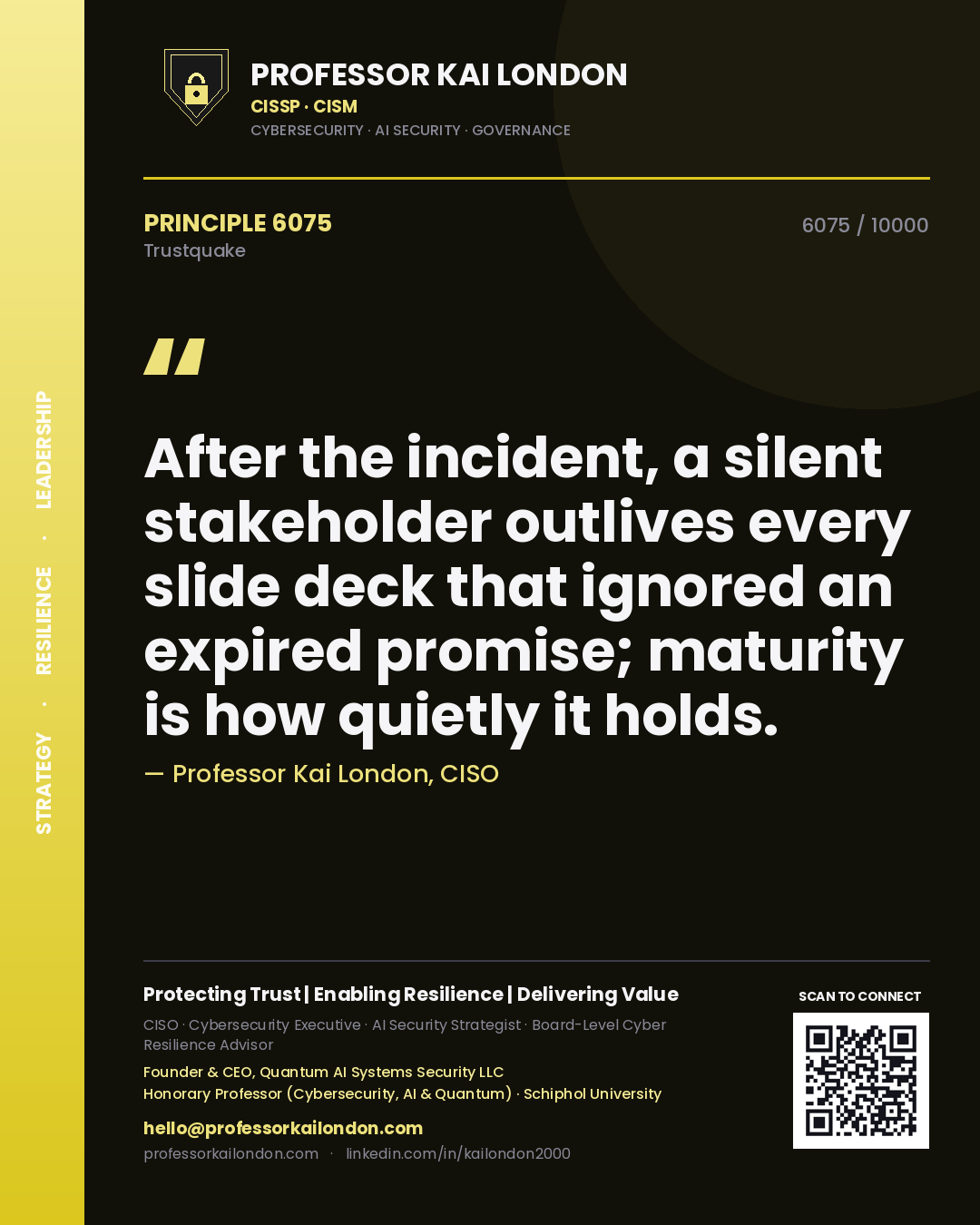 Professor Kai London principle 6075: After the incident, a silent stakeholder outlives every slide deck that ignored an expired promise; maturity is how quietly it holds.