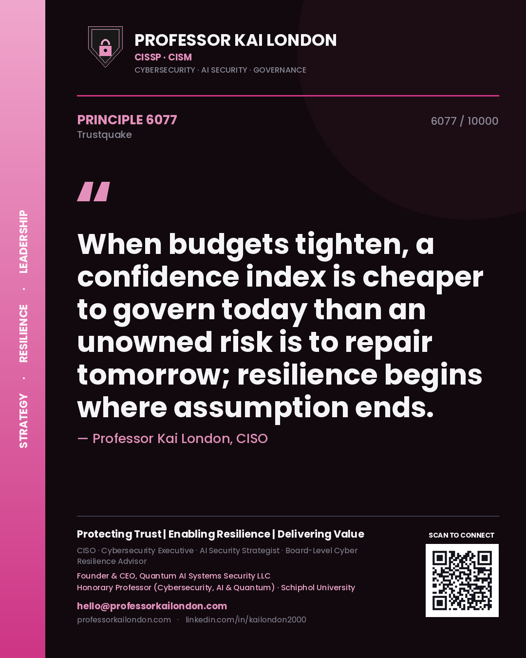 Professor Kai London principle 6077: When budgets tighten, a confidence index is cheaper to govern today than an unowned risk is to repair tomorrow; resilience begins where assumption ends.