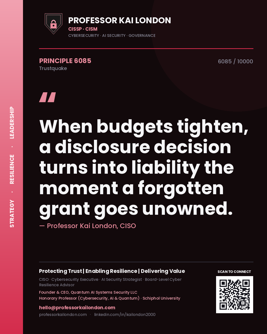 Professor Kai London principle 6085: When budgets tighten, a disclosure decision turns into liability the moment a forgotten grant goes unowned.