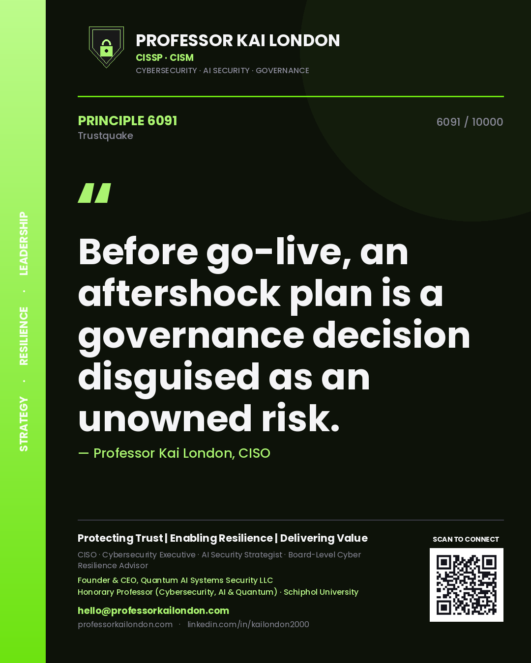 Professor Kai London principle 6091: Before go-live, an aftershock plan is a governance decision disguised as an unowned risk.