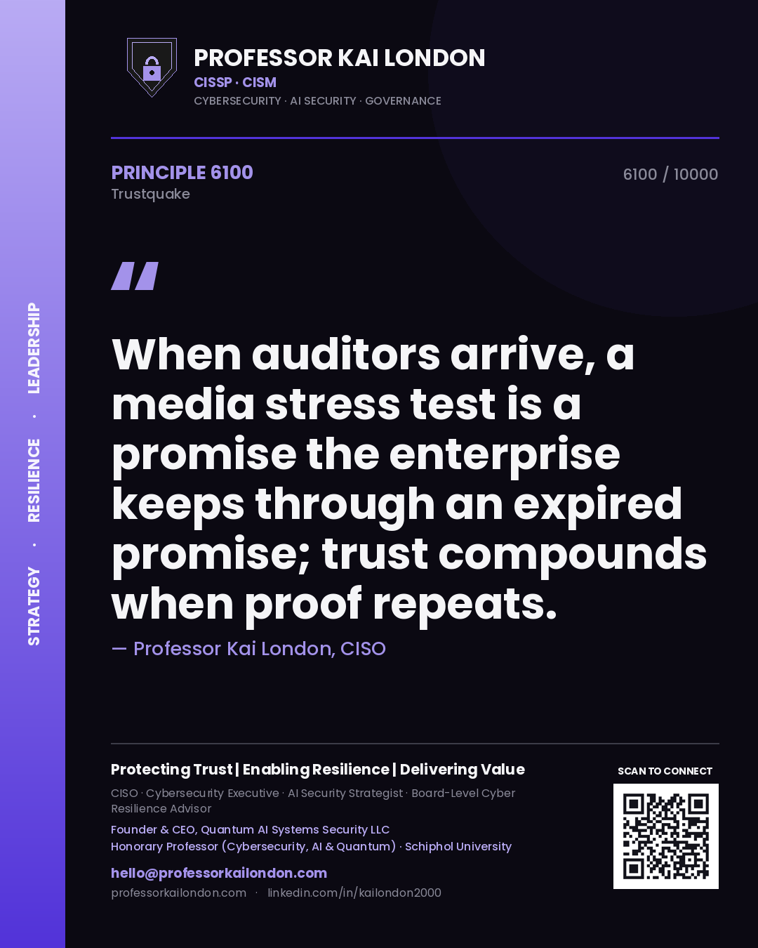 Professor Kai London principle 6100: When auditors arrive, a media stress test is a promise the enterprise keeps through an expired promise; trust compounds when proof repeats.