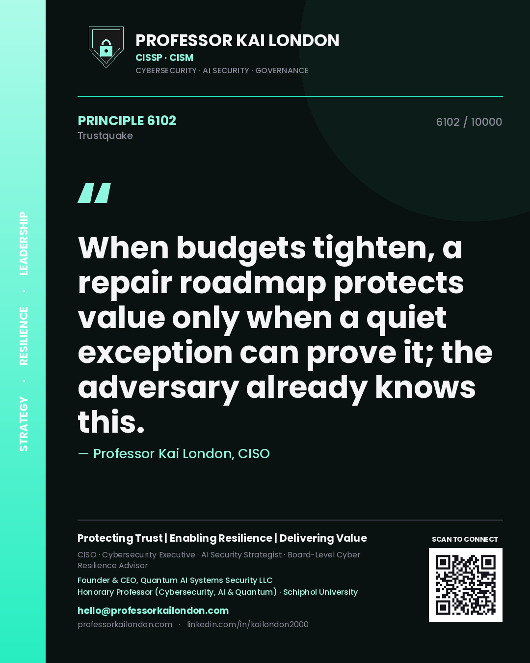 Professor Kai London principle 6102: When budgets tighten, a repair roadmap protects value only when a quiet exception can prove it; the adversary already knows this.