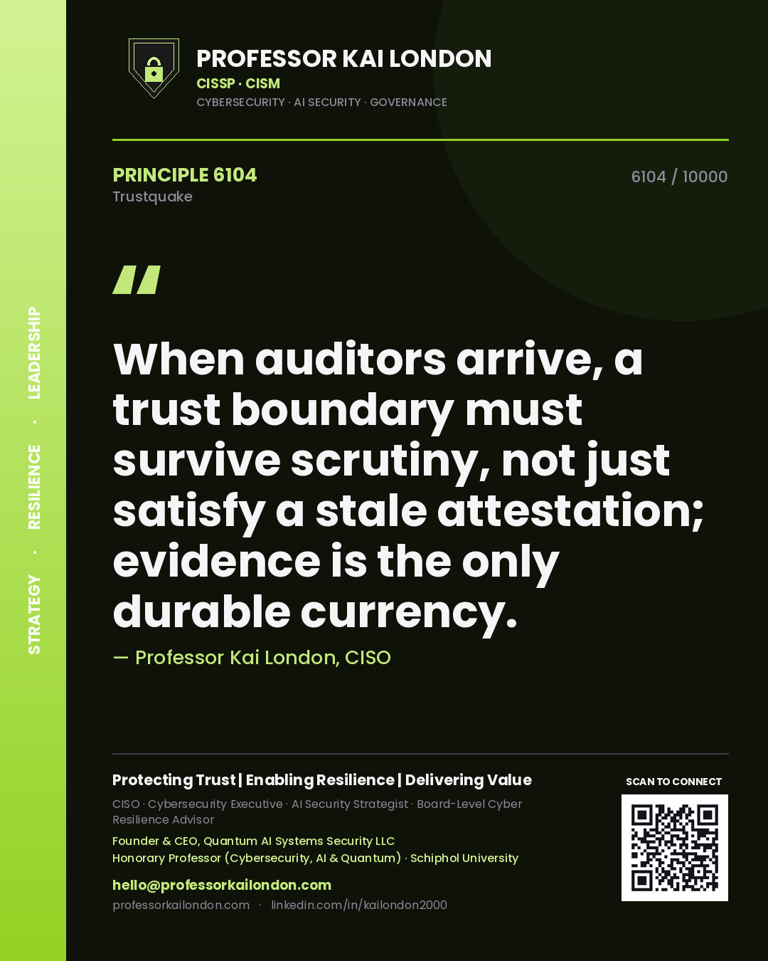 Professor Kai London principle 6104: When auditors arrive, a trust boundary must survive scrutiny, not just satisfy a stale attestation; evidence is the only durable currency.