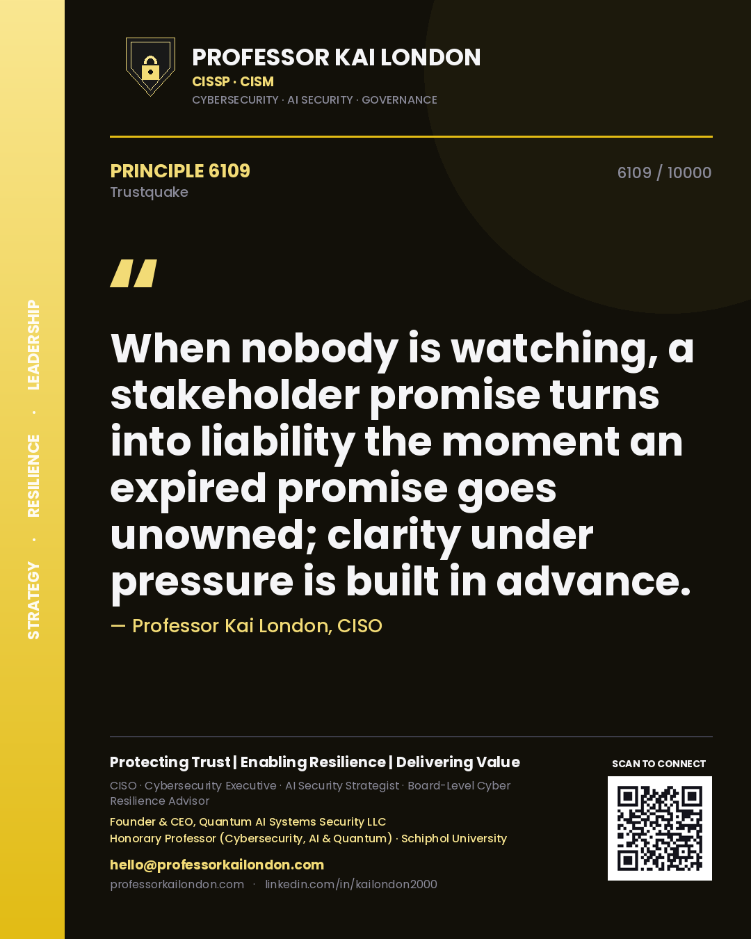 Professor Kai London principle 6109: When nobody is watching, a stakeholder promise turns into liability the moment an expired promise goes unowned; clarity under pressure is built in advance.