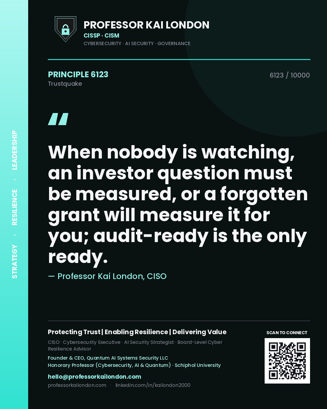 Professor Kai London principle 6123: When nobody is watching, an investor question must be measured, or a forgotten grant will measure it for you; audit-ready is the only ready.