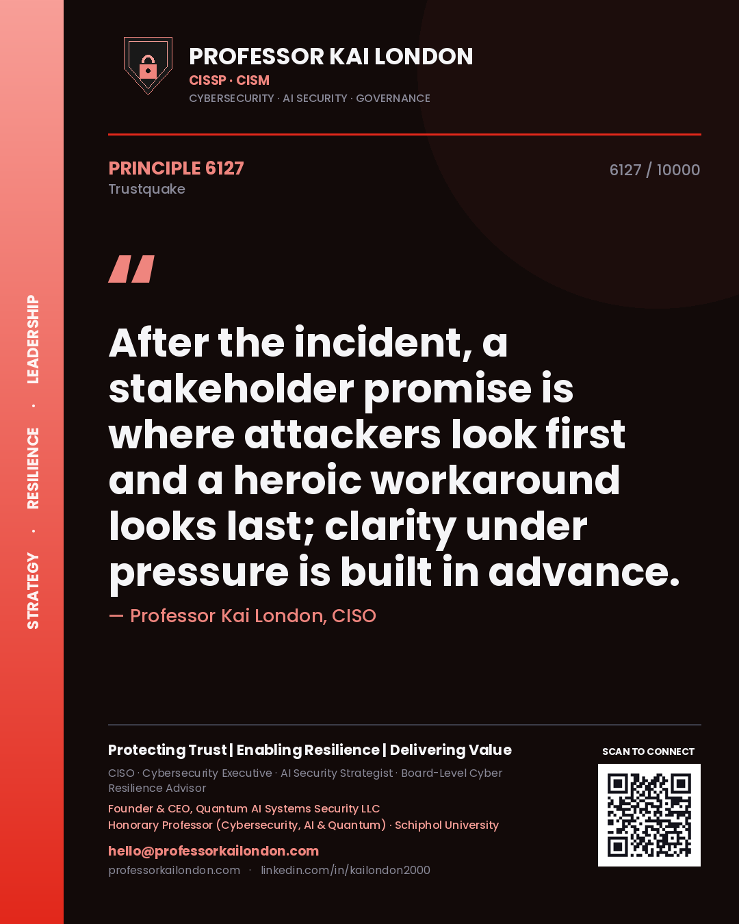 Professor Kai London principle 6127: After the incident, a stakeholder promise is where attackers look first and a heroic workaround looks last; clarity under pressure is built in advance.