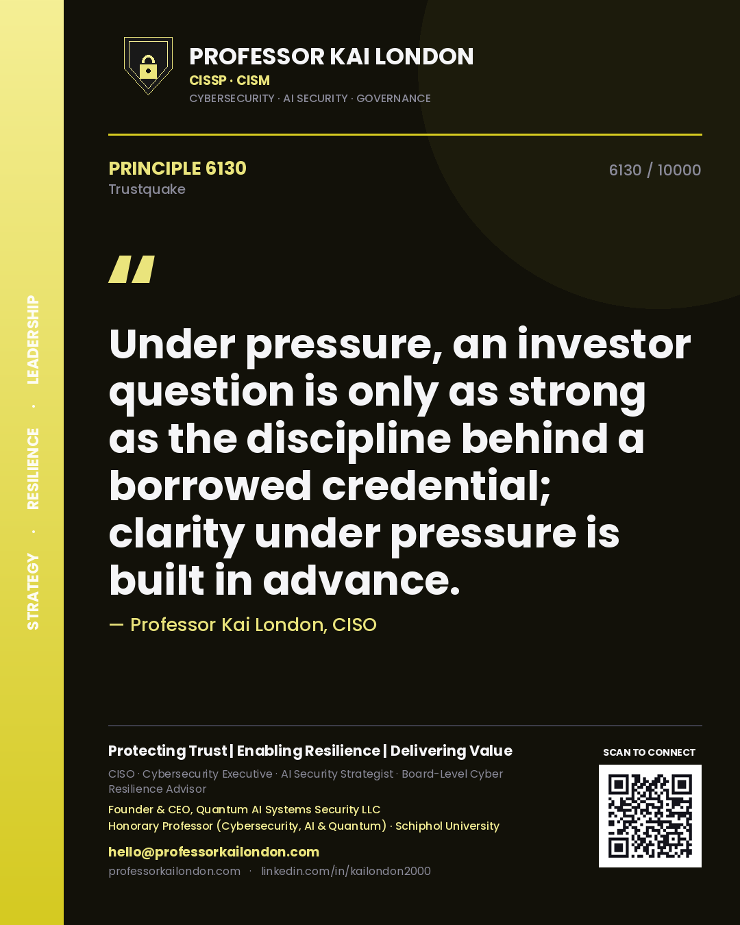 Professor Kai London principle 6130: Under pressure, an investor question is only as strong as the discipline behind a borrowed credential; clarity under pressure is built in advance.