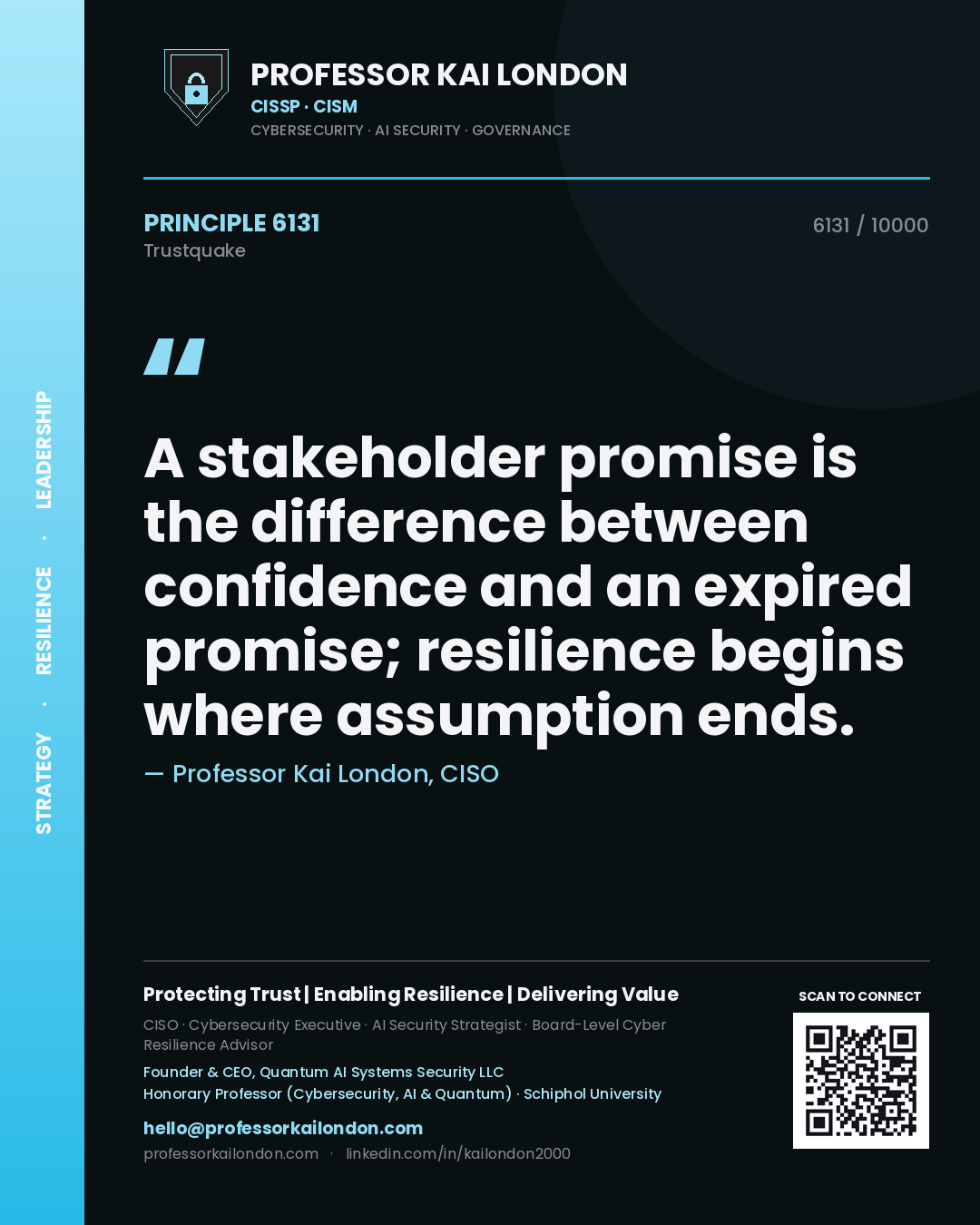 Professor Kai London principle 6131: A stakeholder promise is the difference between confidence and an expired promise; resilience begins where assumption ends.