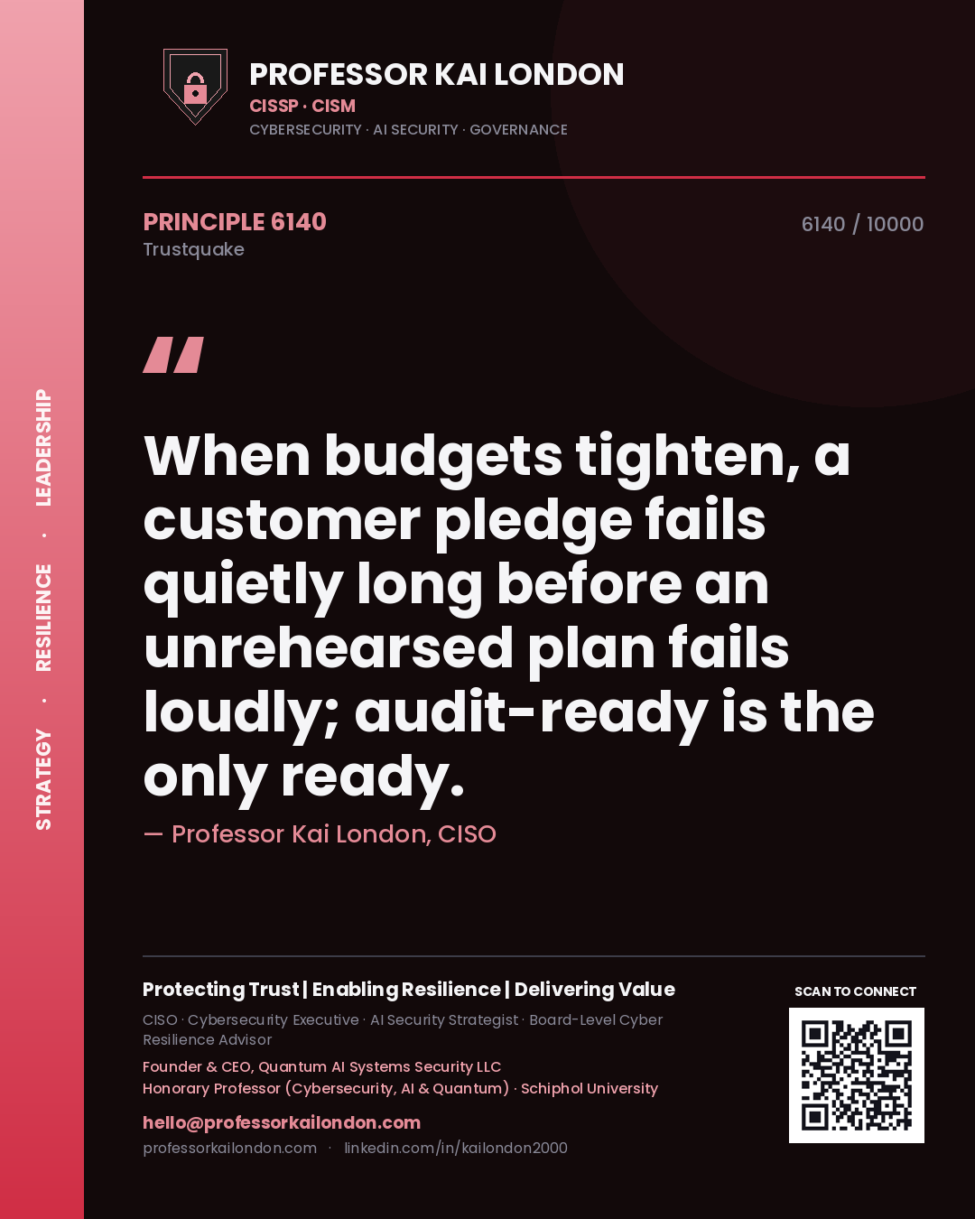 Professor Kai London principle 6140: When budgets tighten, a customer pledge fails quietly long before an unrehearsed plan fails loudly; audit-ready is the only ready.