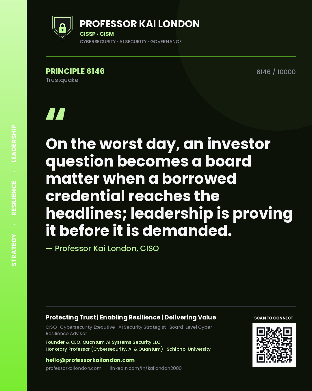 Professor Kai London principle 6146: On the worst day, an investor question becomes a board matter when a borrowed credential reaches the headlines; leadership is proving it before it is demanded.