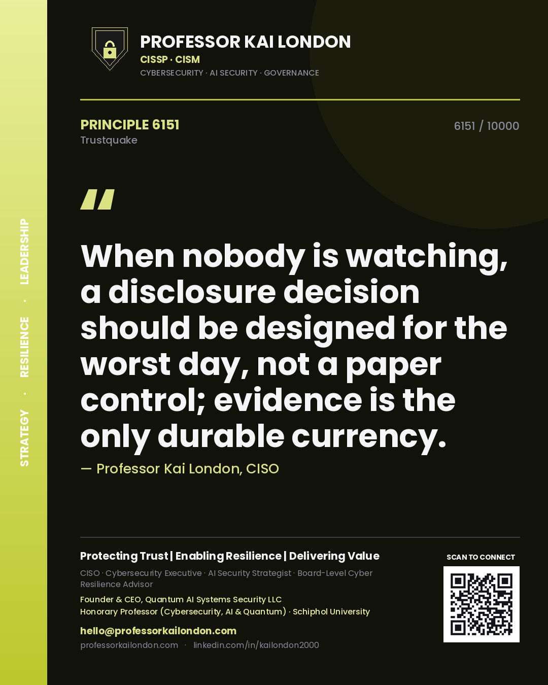 Professor Kai London principle 6151: When nobody is watching, a disclosure decision should be designed for the worst day, not a paper control; evidence is the only durable currency.