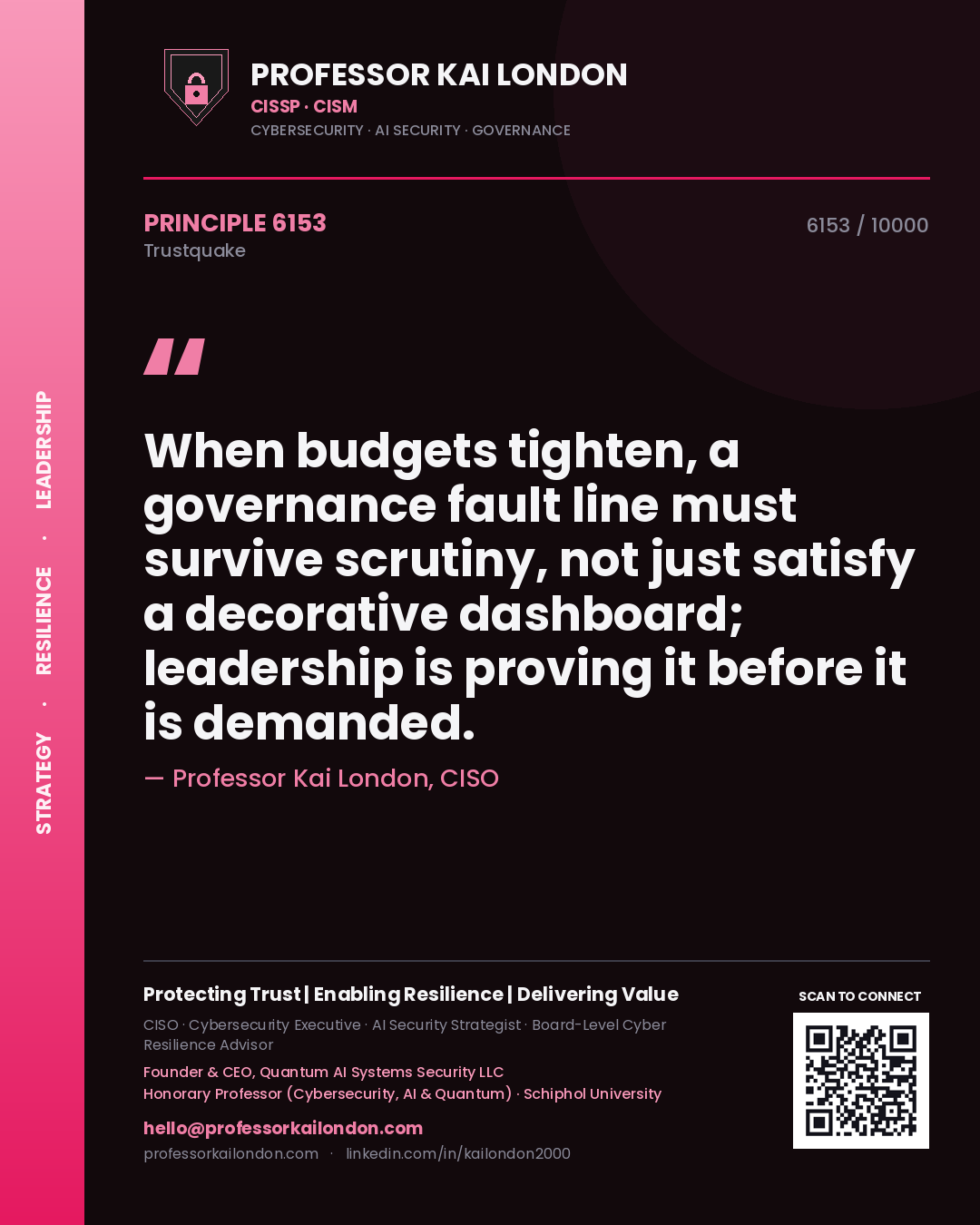 Professor Kai London principle 6153: When budgets tighten, a governance fault line must survive scrutiny, not just satisfy a decorative dashboard; leadership is proving it before it is demanded.