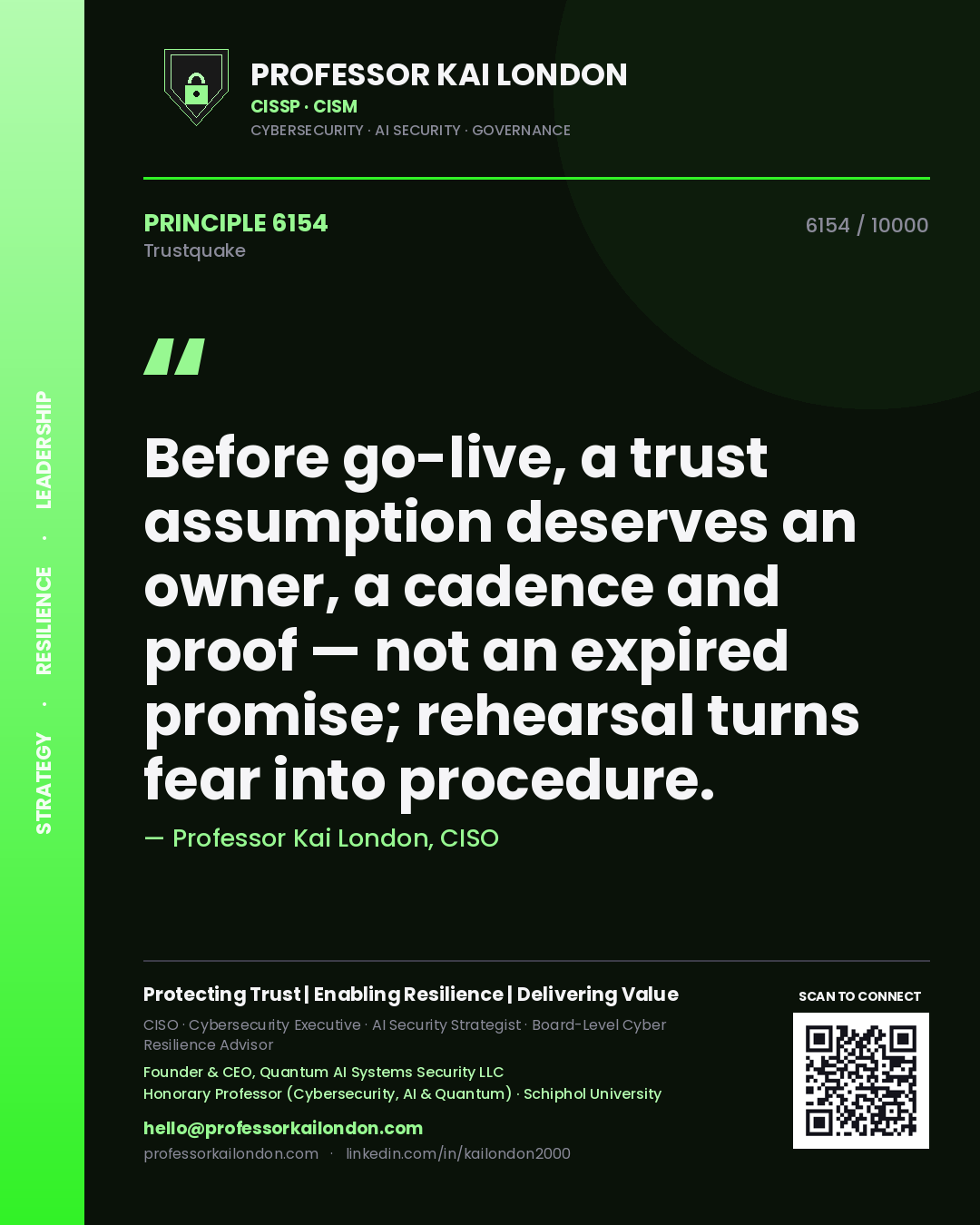 Professor Kai London principle 6154: Before go-live, a trust assumption deserves an owner, a cadence and proof — not an expired promise; rehearsal turns fear into procedure.