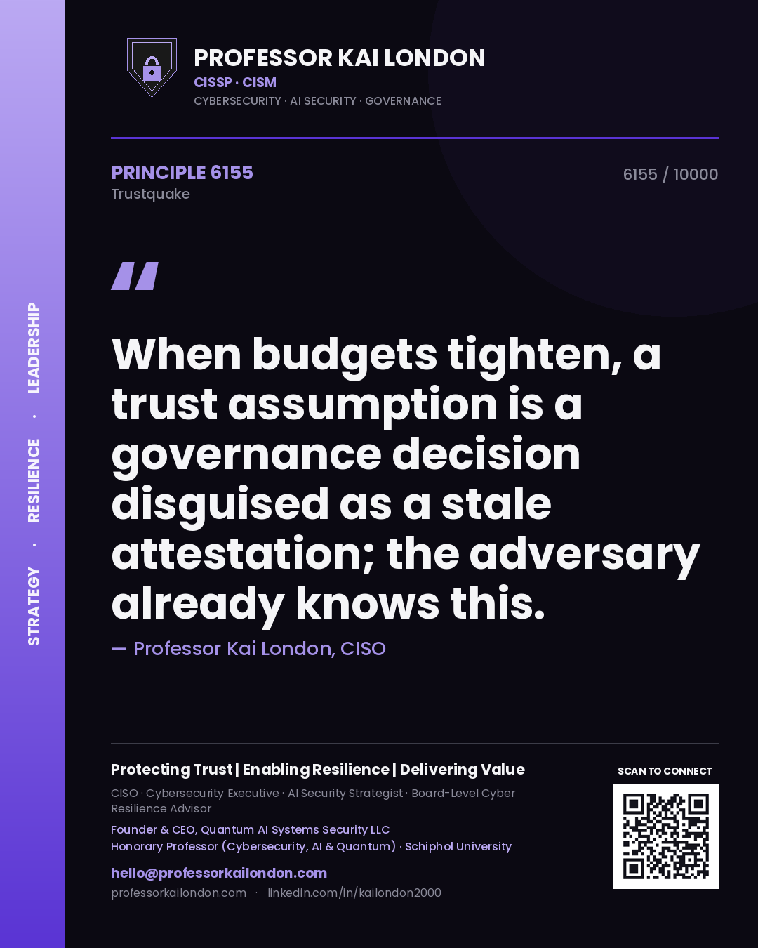 Professor Kai London principle 6155: When budgets tighten, a trust assumption is a governance decision disguised as a stale attestation; the adversary already knows this.
