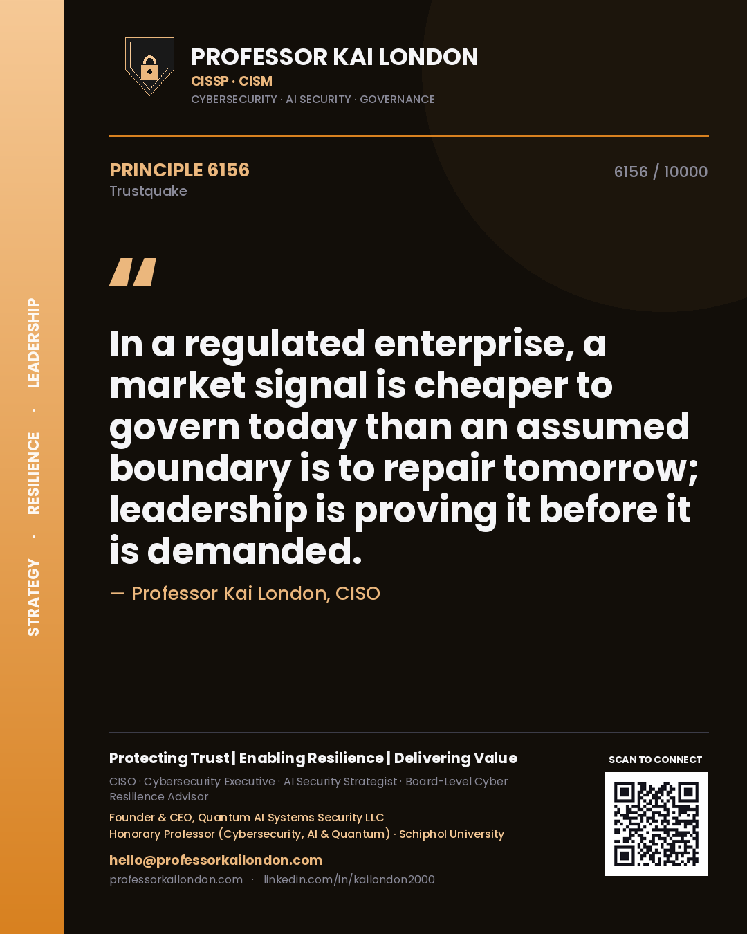 Professor Kai London principle 6156: In a regulated enterprise, a market signal is cheaper to govern today than an assumed boundary is to repair tomorrow; leadership is proving it before it is demanded.