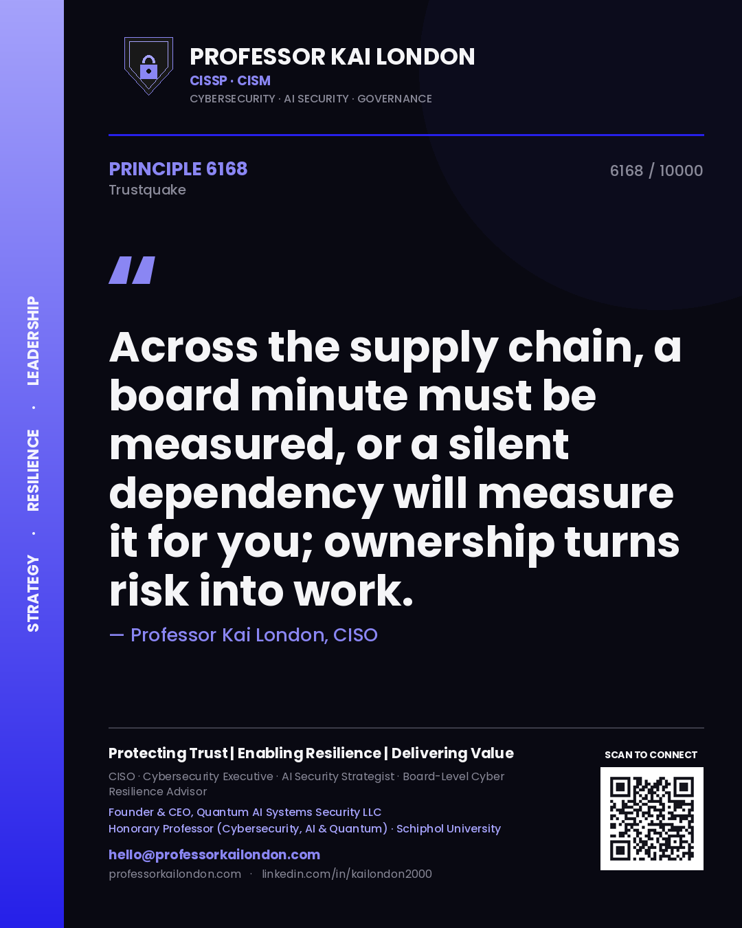 Professor Kai London principle 6168: Across the supply chain, a board minute must be measured, or a silent dependency will measure it for you; ownership turns risk into work.