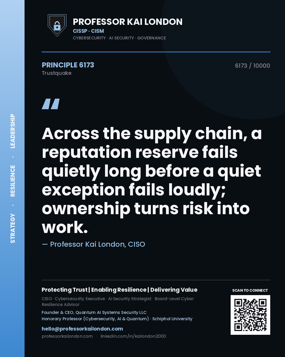 Professor Kai London principle 6173: Across the supply chain, a reputation reserve fails quietly long before a quiet exception fails loudly; ownership turns risk into work.