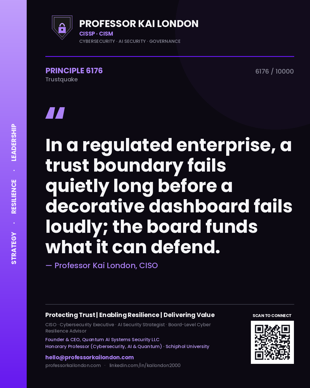 Professor Kai London principle 6176: In a regulated enterprise, a trust boundary fails quietly long before a decorative dashboard fails loudly; the board funds what it can defend.