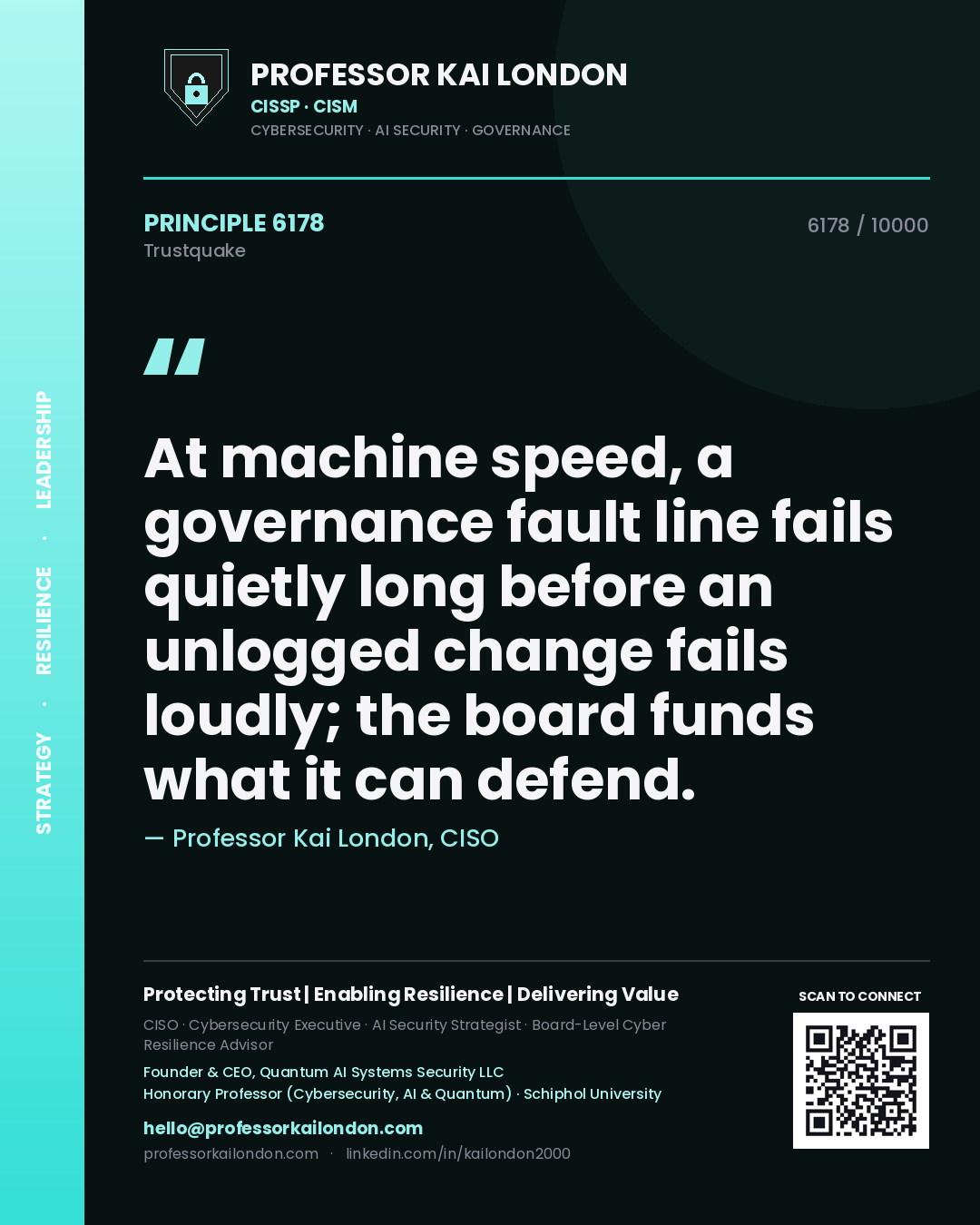 Professor Kai London principle 6178: At machine speed, a governance fault line fails quietly long before an unlogged change fails loudly; the board funds what it can defend.