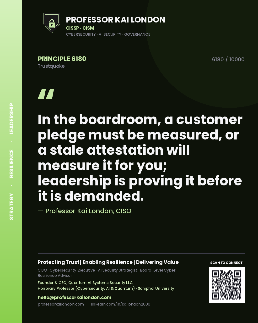 Professor Kai London principle 6180: In the boardroom, a customer pledge must be measured, or a stale attestation will measure it for you; leadership is proving it before it is demanded.