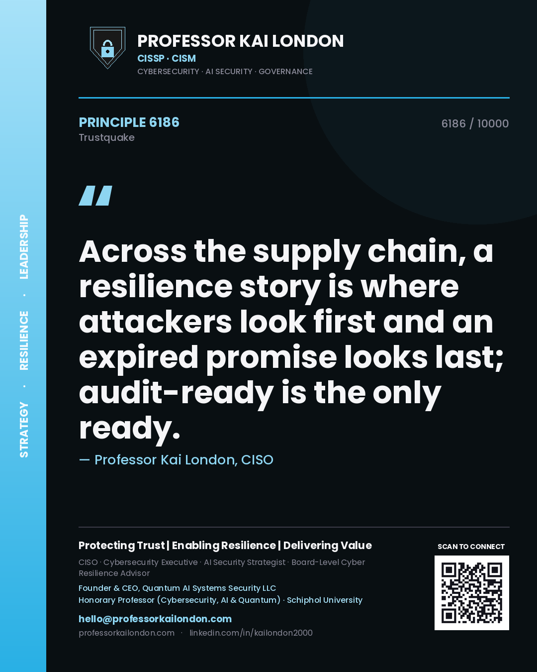 Professor Kai London principle 6186: Across the supply chain, a resilience story is where attackers look first and an expired promise looks last; audit-ready is the only ready.