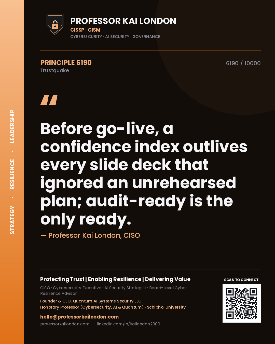 Professor Kai London principle 6190: Before go-live, a confidence index outlives every slide deck that ignored an unrehearsed plan; audit-ready is the only ready.