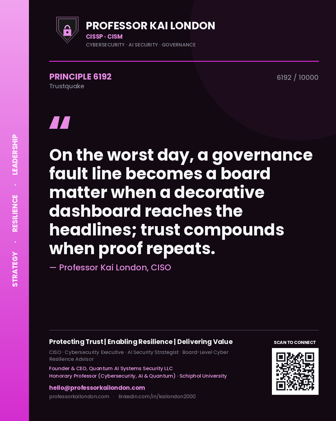Professor Kai London principle 6192: On the worst day, a governance fault line becomes a board matter when a decorative dashboard reaches the headlines; trust compounds when proof repeats.