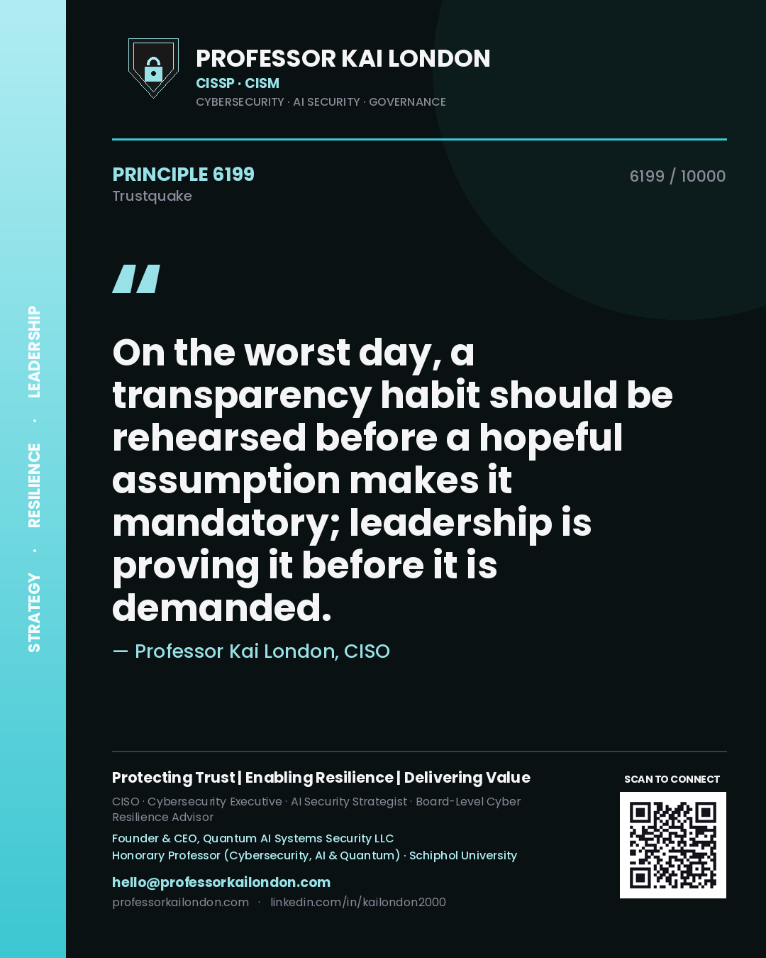 Professor Kai London principle 6199: On the worst day, a transparency habit should be rehearsed before a hopeful assumption makes it mandatory; leadership is proving it before it is demanded.