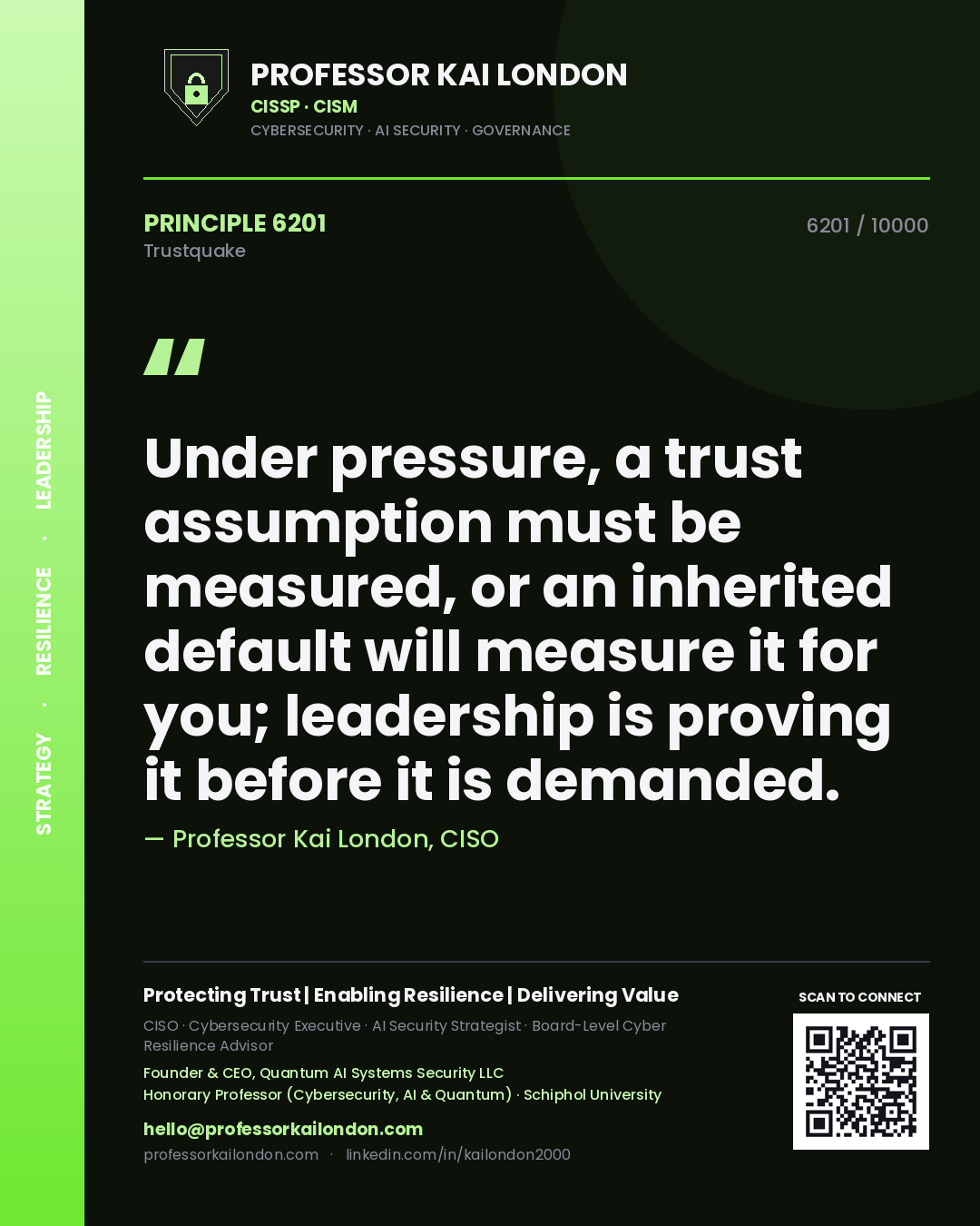 Professor Kai London principle 6201: Under pressure, a trust assumption must be measured, or an inherited default will measure it for you; leadership is proving it before it is demanded.