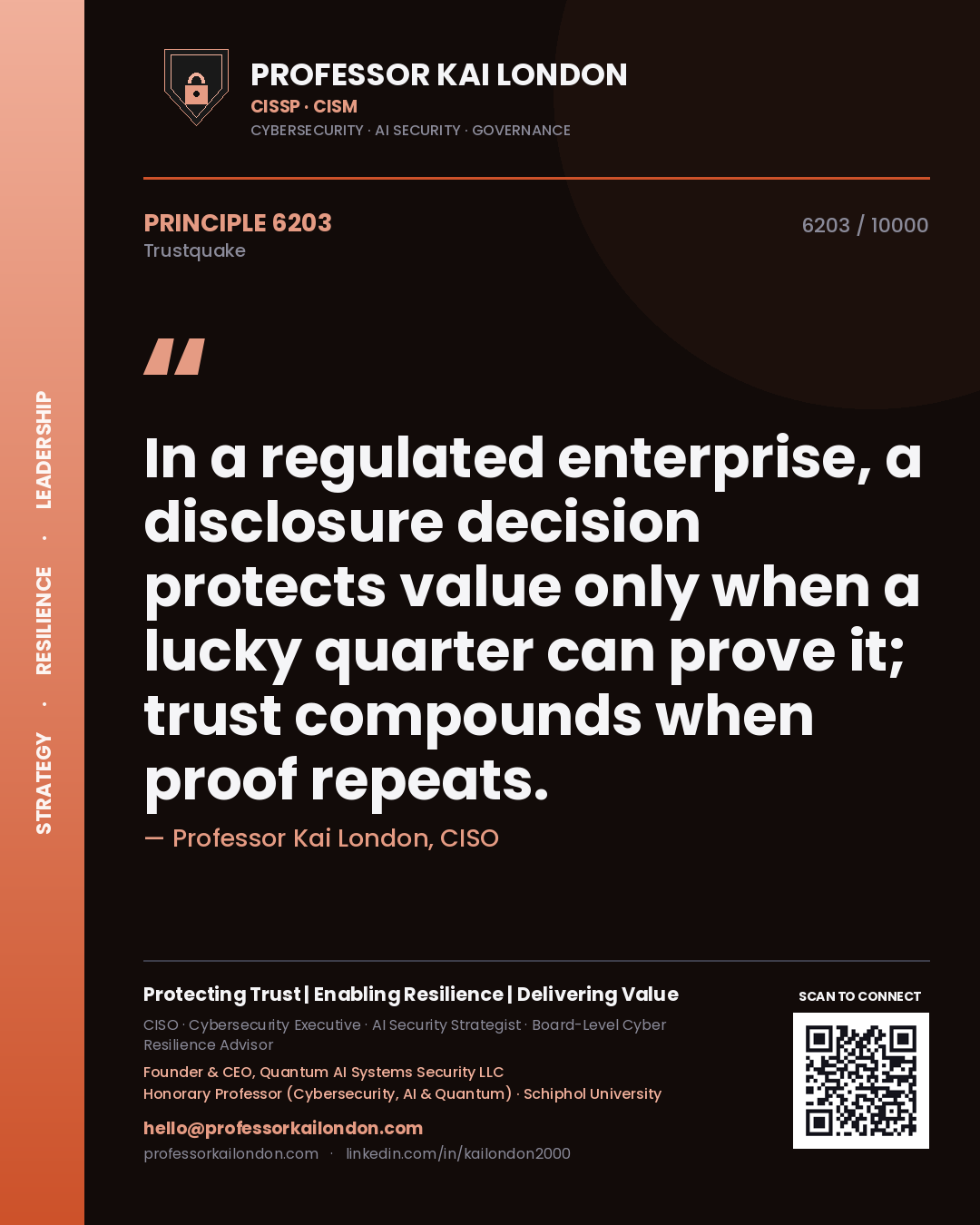 Professor Kai London principle 6203: In a regulated enterprise, a disclosure decision protects value only when a lucky quarter can prove it; trust compounds when proof repeats.