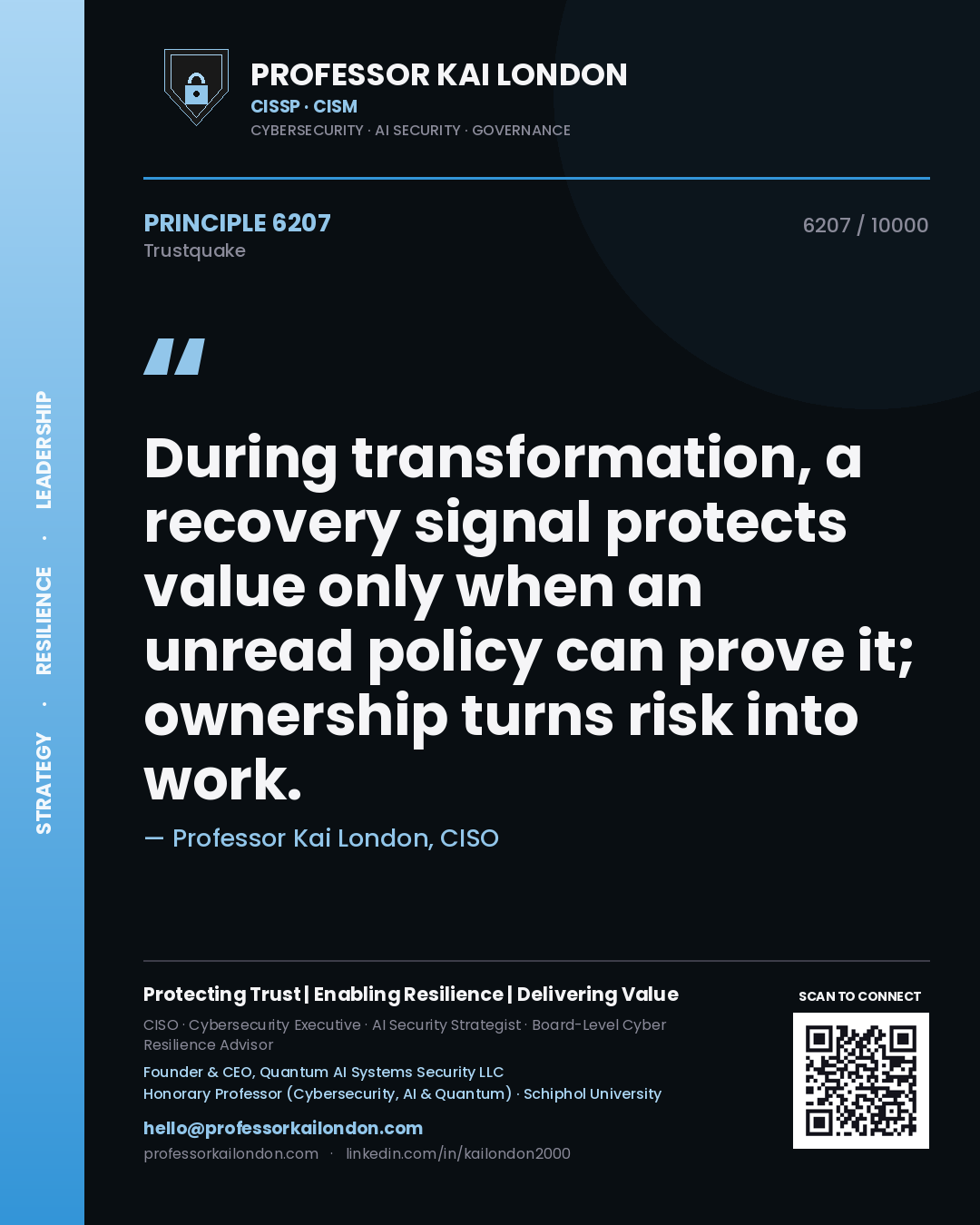 Professor Kai London principle 6207: During transformation, a recovery signal protects value only when an unread policy can prove it; ownership turns risk into work.