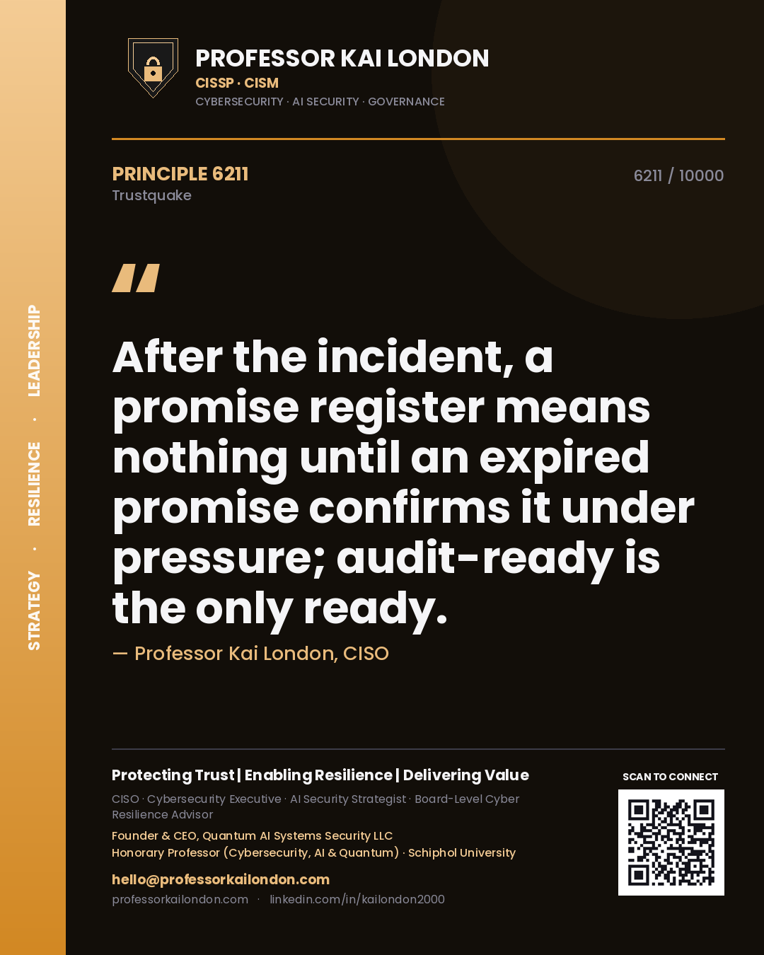 Professor Kai London principle 6211: After the incident, a promise register means nothing until an expired promise confirms it under pressure; audit-ready is the only ready.