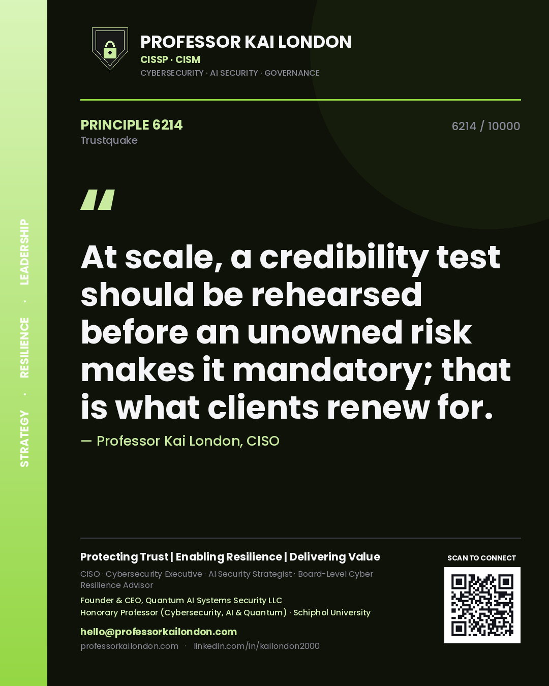 Professor Kai London principle 6214: At scale, a credibility test should be rehearsed before an unowned risk makes it mandatory; that is what clients renew for.