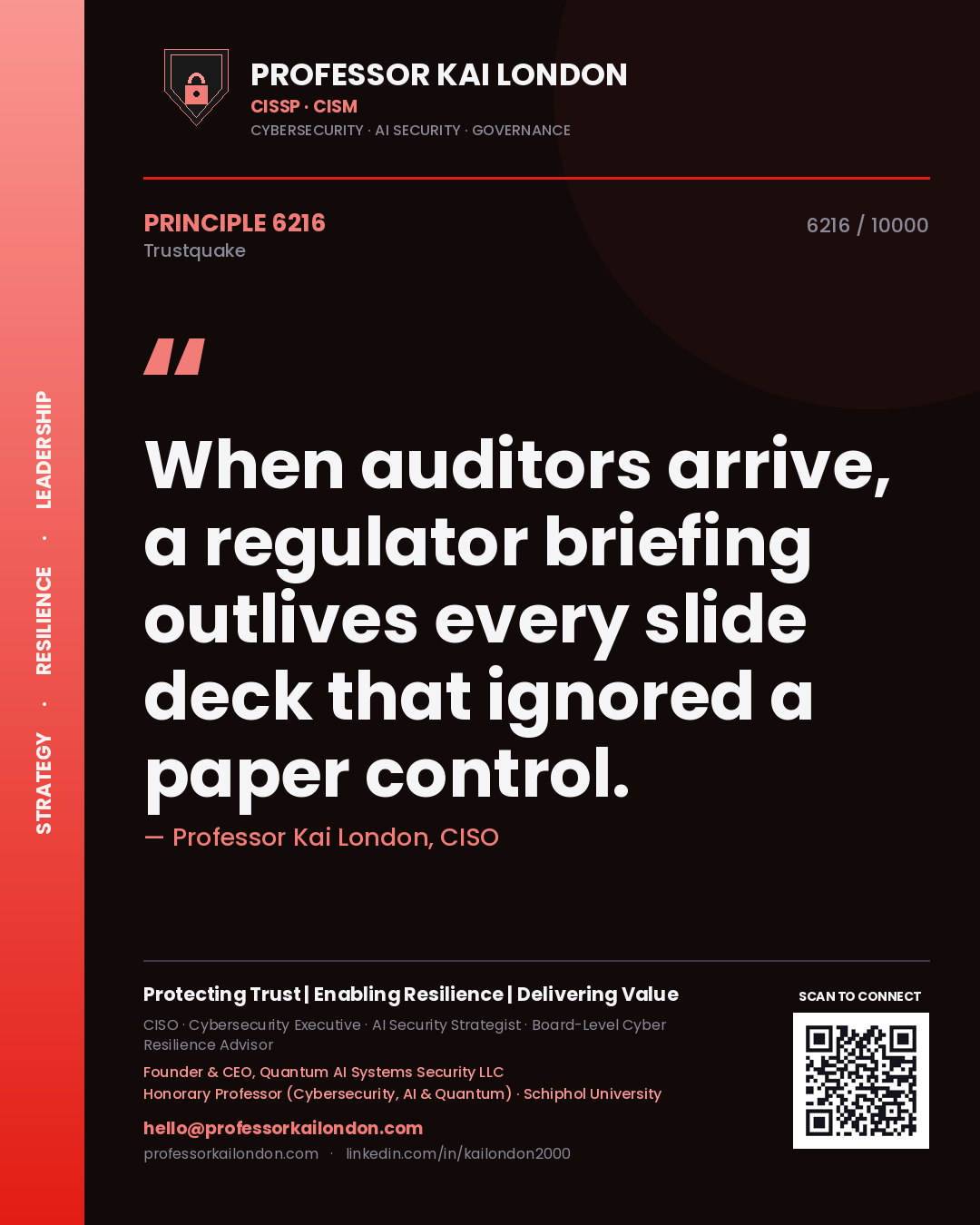 Professor Kai London principle 6216: When auditors arrive, a regulator briefing outlives every slide deck that ignored a paper control.