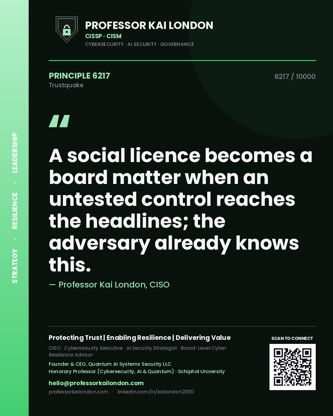 Professor Kai London principle 6217: A social licence becomes a board matter when an untested control reaches the headlines; the adversary already knows this.