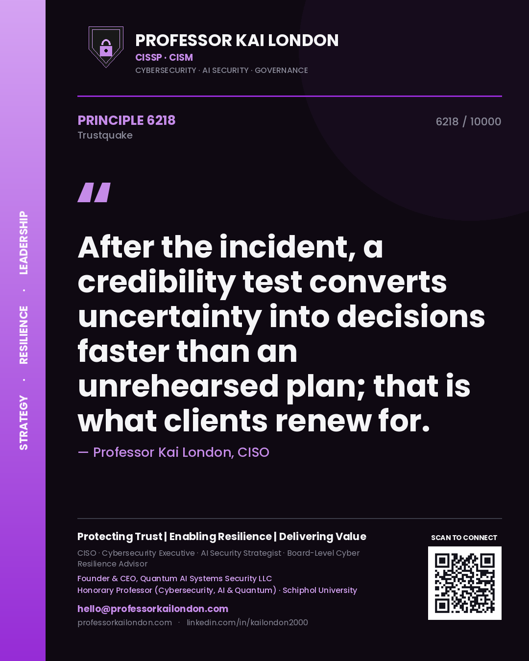 Professor Kai London principle 6218: After the incident, a credibility test converts uncertainty into decisions faster than an unrehearsed plan; that is what clients renew for.