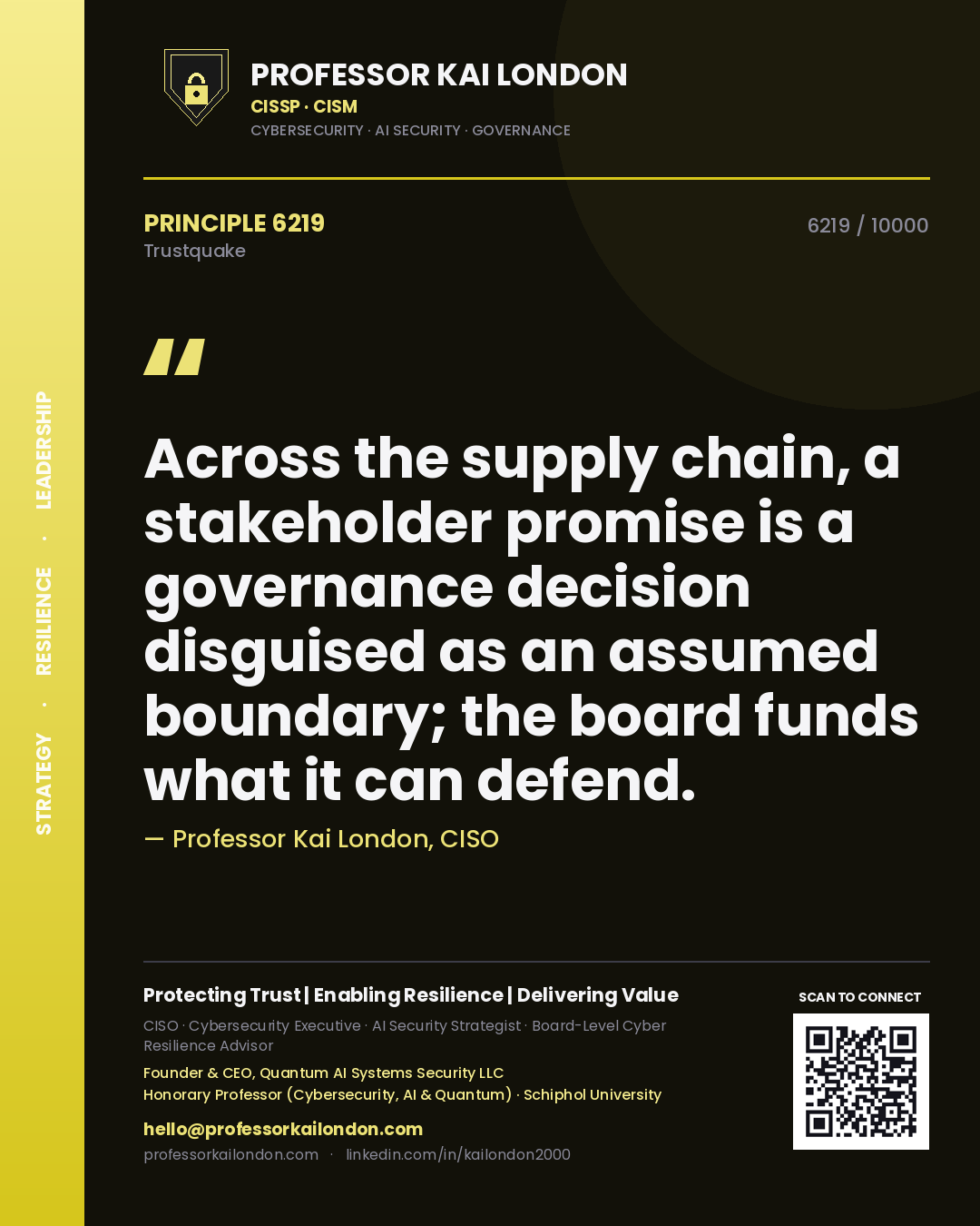 Professor Kai London principle 6219: Across the supply chain, a stakeholder promise is a governance decision disguised as an assumed boundary; the board funds what it can defend.