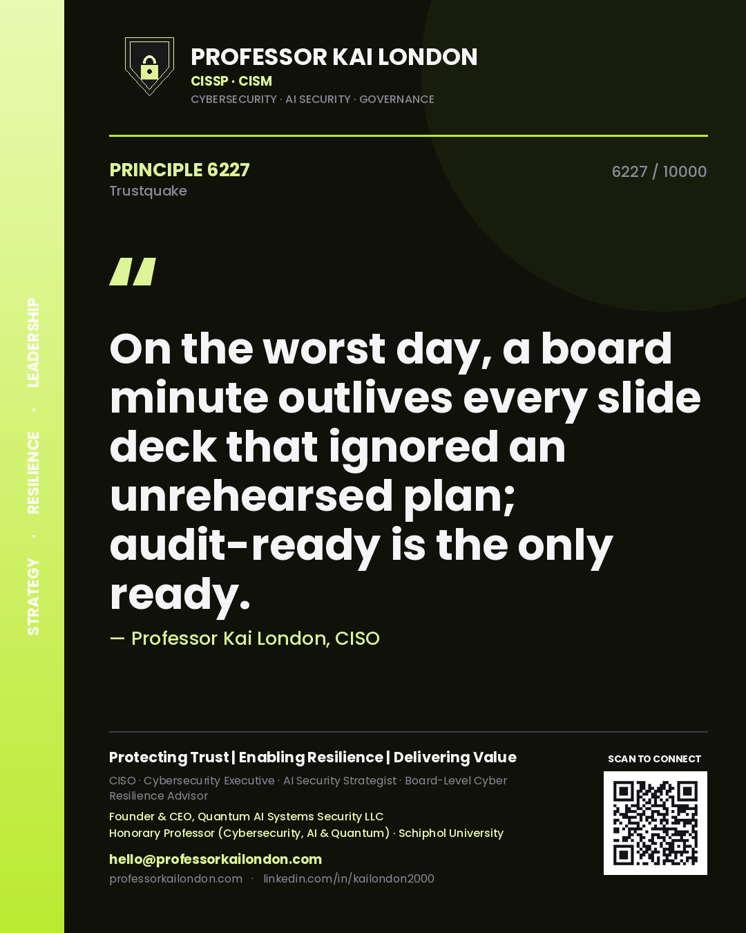 Professor Kai London principle 6227: On the worst day, a board minute outlives every slide deck that ignored an unrehearsed plan; audit-ready is the only ready.