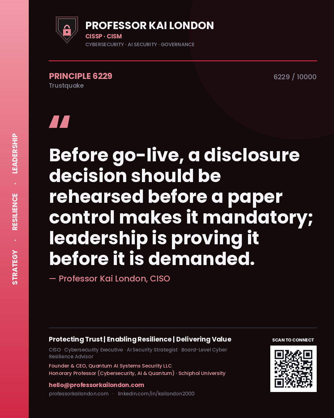 Professor Kai London principle 6229: Before go-live, a disclosure decision should be rehearsed before a paper control makes it mandatory; leadership is proving it before it is demanded.